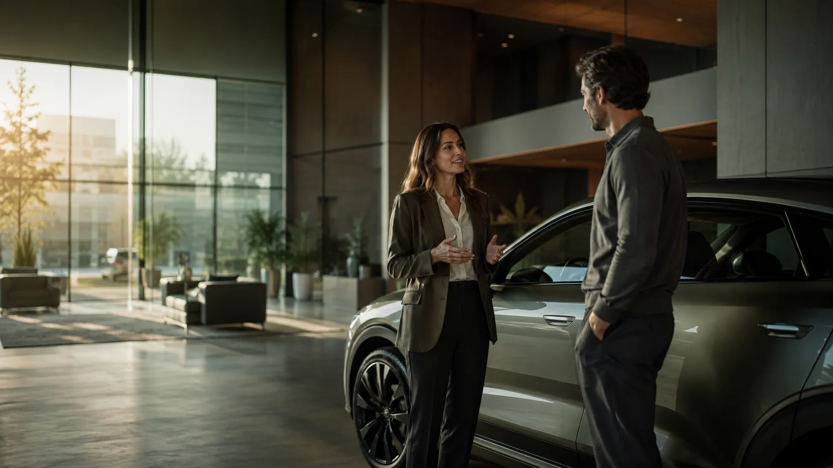 A sales advisor and customer sharing a conversation in a sunlit showroom